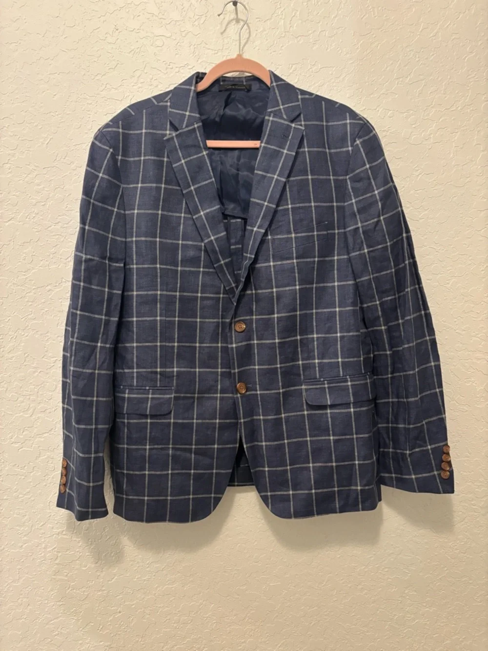 Lauren Ralph Lauren Blazer Mens 43R blue 100% Linen Windowpane Plaid Sports Coat - Picture 2 of 3